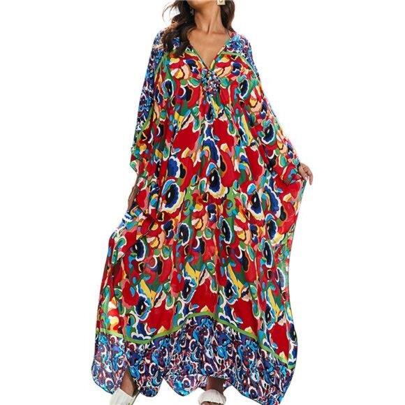 Women Kaftan Dresses Plus Size V-Neck Batwing Sleeves Beach Cover Up 2025 - Picture 1 of 6